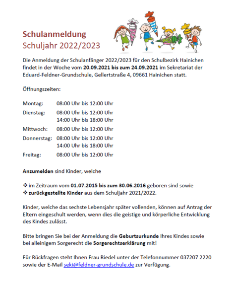 Information zur Schulanmeldung in der Eduard-Feldner-Grundschule